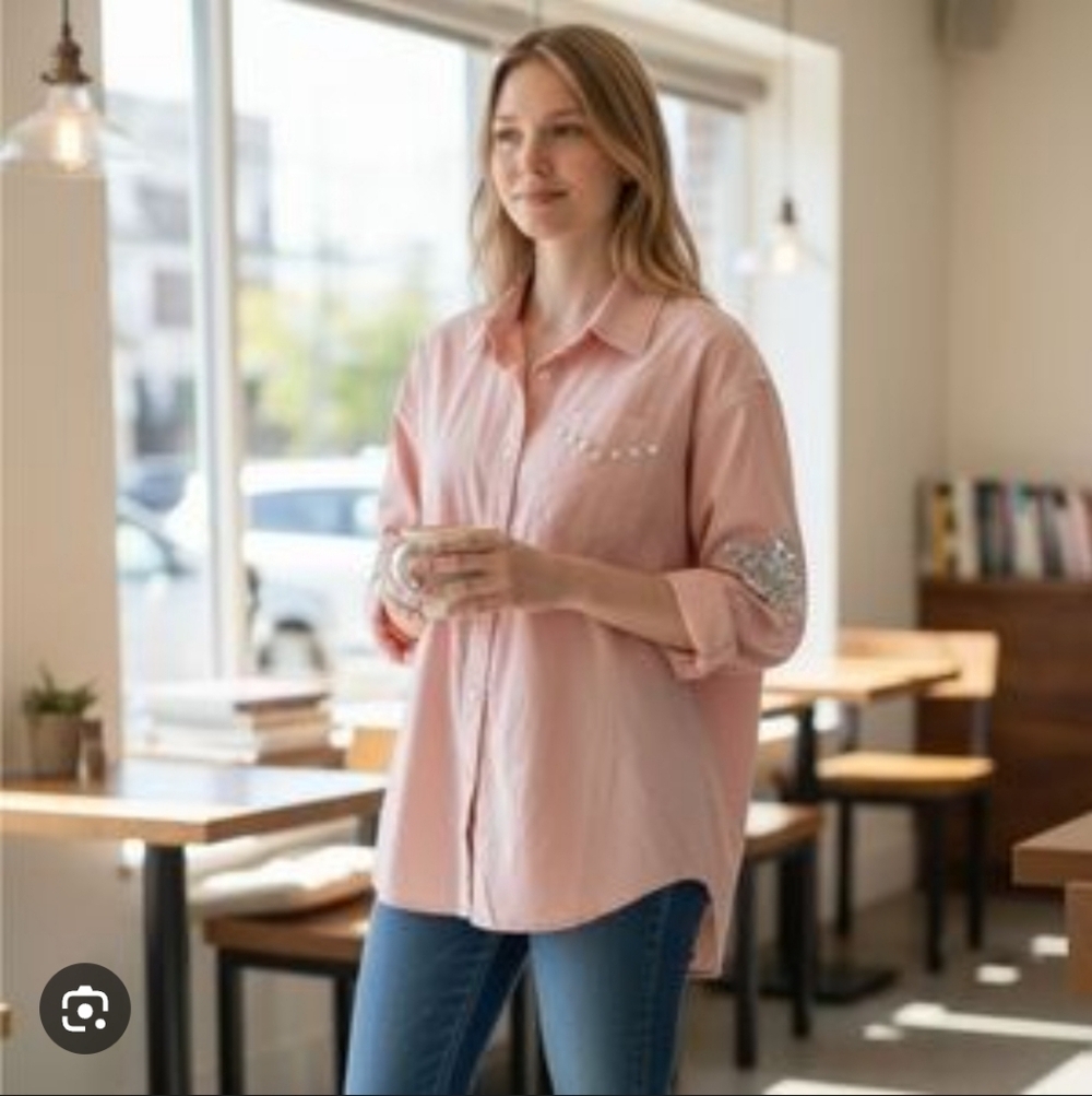 New Wildfox Pink Button Down W Star And Button Like Detail_S